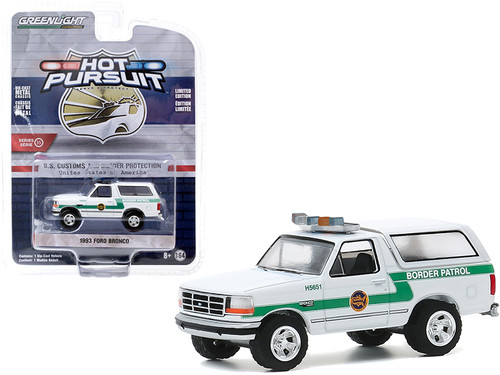 1993 Ford Bronco "U.S. Customs and Border Protection" "Border Patrol" (U.S.A.) White with Green Stripes "Hot Pursuit" Series 35 1/64 Diecast Model Car by Greenlight