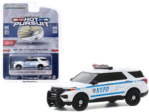 2020 Ford Police Interceptor Utility "NYPD" (New York City Police Dept.) White with Blue Stripes "Hot Pursuit" Series 35 1/64 Diecast Model Car by Greenlight