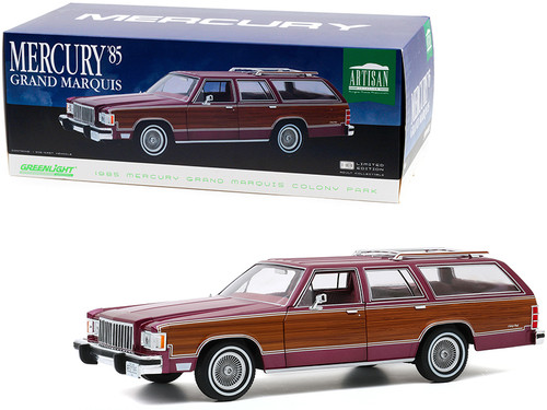 1985 Mercury Grand Marquis Colony Park Burgundy with Wood Grain Paneling 1/18 Diecast Model Car by Greenlight