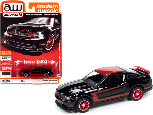 2012 Ford Mustang Boss 302 Laguna Seca Black and Red with Red Wheels "Modern Muscle" Limited Edition to 10312 pieces Worldwide 1/64 Diecast Model Car by Autoworld