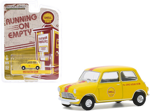 1959 Austin Seven "Shell Oil" Yellow with Red Stripe "Running on Empty" Series 11 1/64 Diecast Model Car by Greenlight