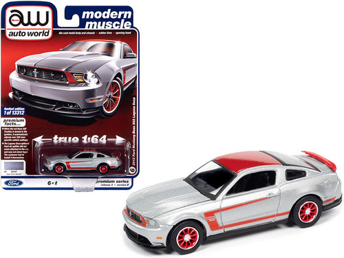 2012 Ford Mustang Boss 302 Laguna Seca Ingot Silver Metallic and Red with Red Wheels "Modern Muscle" Limited Edition to 13312 pieces Worldwide 1/64 Diecast Model Car by Autoworld