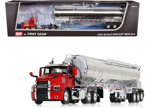 Mack Anthem Day Cab with Walinga Bulk Feed Tri-Axle Trailer Red and Silver 1/64 Diecast Model by DCP/First Gear