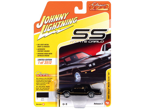 1987 Chevrolet Monte Carlo SS Black with Gold Stripes and Gold Interior "Classic Gold Collection" Limited Edition to 3512 pieces Worldwide 1/64 Diecast Model Car by Johnny Lightning