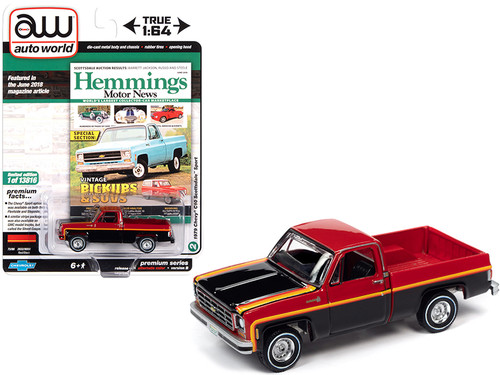 1979 Chevrolet C10 Scottsdale Sport Pickup Truck Red and Black with Orange and Red Stripes "Hemmings Motor News" Magazine Cover Car (June 2018) Limited Edition to 13816 pieces Worldwide 1/64 Diecast Model Car by Autoworld