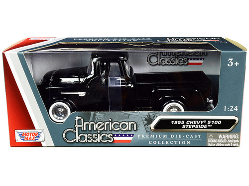 1955 Chevrolet 5100 Stepside Pickup Truck Black with Whitewall Tires "American Classics" 1/24 Diecast Model Car by Motormax