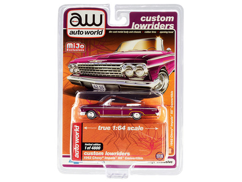 1962 Chevrolet Impala SS Convertible Plum Purple with Yellow Stripes "Custom Lowriders" Limited Edition to 4800 pieces Worldwide 1/64 Diecast Model Car by Autoworld