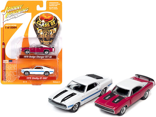 1970 Dodge Charger R/T SE Panther Pink and 1970 Ford Mustang Shelby GT500 White Set of 2 pieces "Class of 1970" Limited Edition to 2304 pieces Worldwide 1/64 Diecast Model Cars by Johnny Lightning
