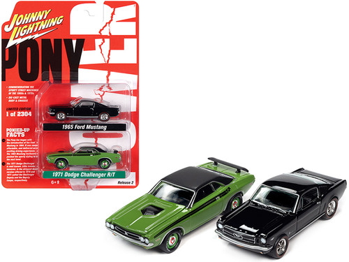 1971 Dodge Challenger R/T Green and 1965 Ford Mustang Fastback Black Set of 2 pieces "Pony Power" Limited Edition to 2304 pieces Worldwide 1/64 Diecast Model Cars by Johnny Lightning