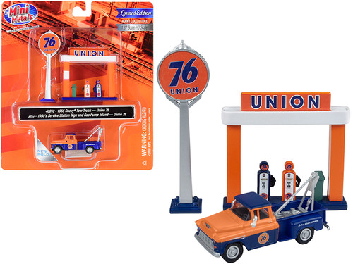 1955 Chevrolet Tow Truck Blue and Orange with 1950's Service Station Sign and Gas Pump Island "Union 76" 1/87 (HO) Scale Model by Classic Metal Works