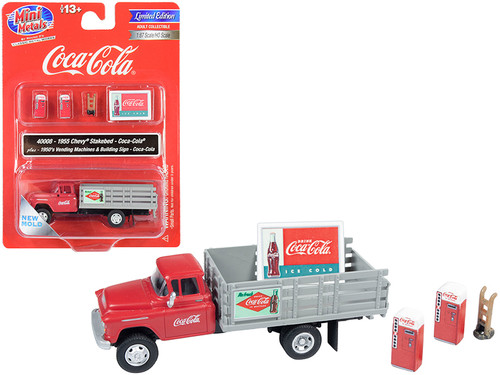 1955 Chevrolet Stakebed Truck Red and Gray with 1950's Two Vending Machines, Hand Truck and Building Sign "Coca-Cola" 1/87 (HO) Scale Model by Classic Metal Works