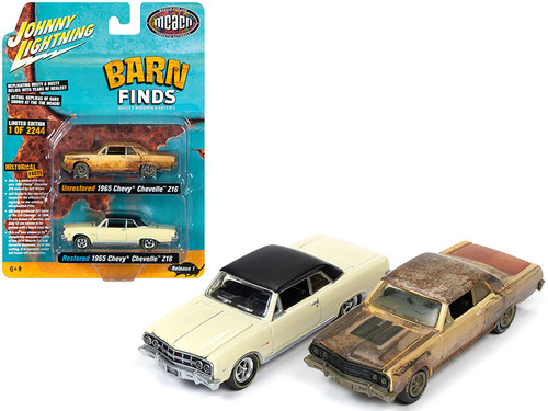 1965 Chevrolet Chevelle Z16 Crocus Yellow Unrestored Version and Restored Version 2 piece Set "Muscle Car & Corvette Nationals" (MCACN) "Barn Finds" Limited Edition to 2244 pieces Worldwide 1/64 Diecast Model Cars by Johnny Lightning