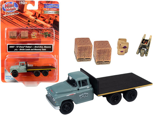 1957 Chevrolet Flatbed Truck "Birch Bros. Masonry" with Two Brick Loads and Three Sacks and Wheelbarrow 1/87 (HO) Scale Model by Classic Metal Works