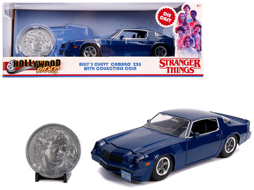 Billy's Chevrolet Camaro Z28 Dark Blue with Collectible Coin "Stranger Things" (2016) TV Series 1/24 Diecast Model Car by Jada