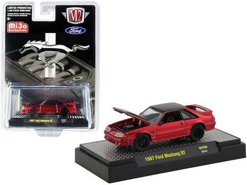 1987 Ford Mustang GT Candy Red and Black Limited Edition to 3300 pieces Worldwide 1/64 Diecast Model Car by M2 Machines
