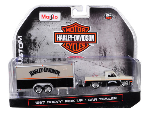 1987 Chevrolet Pickup Truck with Enclosed Car Trailer Pearl Beige/ Silver and Black "Harley Davidson" 1/64 Diecast Model Car by Maisto