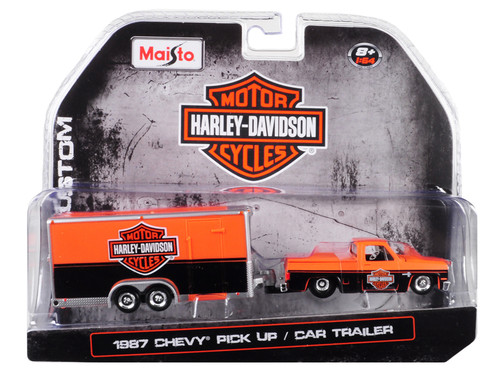 1987 Chevrolet Pickup Truck with Enclosed Car Trailer Orange and Black "Harley Davidson" 1/64 Diecast Model Car by Maisto