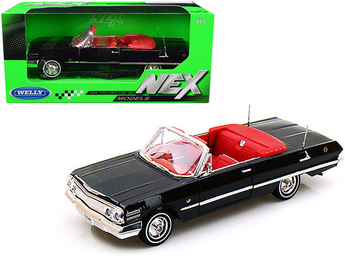 1963 Chevrolet Impala Convertible Black with Red Interior 1/24 Diecast Model Car by Welly