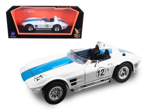 1964 Chevrolet Corvette Grand Sport Roadster #12 White with Blue Stripes 1/18 Diecast Model Car by Road Signature