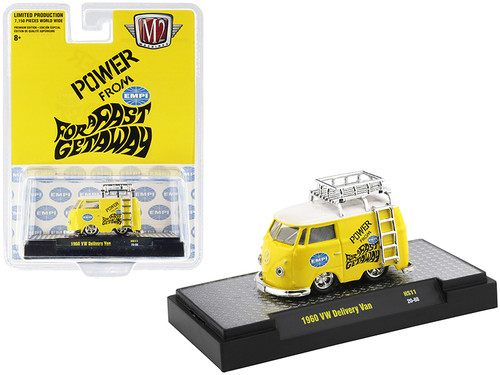 1960 Volkswagen Delivery Van with Ladder and Roof Rack "EMPI" Bright Yellow with White Top Limited Edition to 7150 pieces Worldwide 1/64 Diecast Model Car by M2 Machines