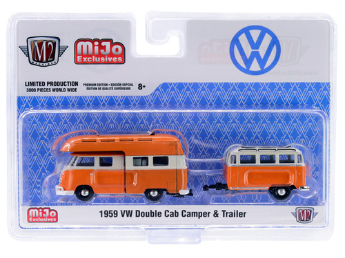 1959 Volkswagen Double Cab Camper with Travel Trailer Orange and Cream Limited Edition to 3,000 pieces Worldwide 1/64 Diecast Model Car by M2 Machines