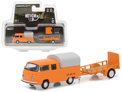 1978 Volkswagen Type 2 Double Cab Pickup Truck Orange with Utility Trailer "Hitch & Tow" Series 11 1/64 Diecast Model Car by Greenlight