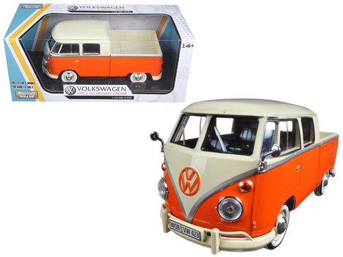 Volkswagen Type 2 (T1) Double Cab Pickup Truck Orange/Cream 1/24 Diecast Model Car by Motormax