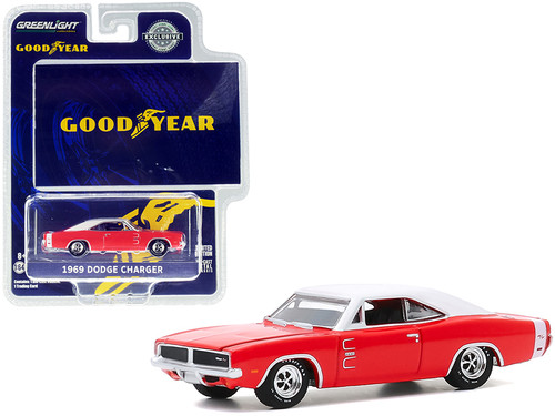 1969 Dodge Charger Red with White Top "Wide Boots GT" "The Low, Wide Look of Action from Goodyear" Goodyear Vintage Ad Cars "Hobby Exclusive" 1/64 Diecast Model Car by Greenlight