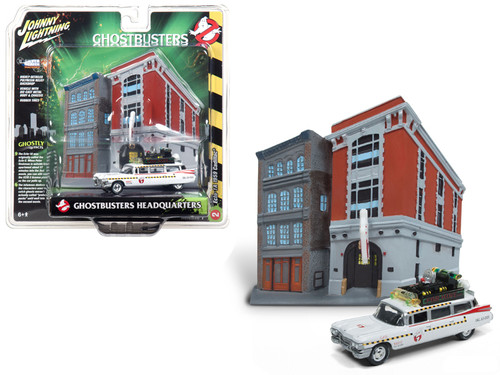 1959 Cadillac Ecto-1A Ambulance with Firehouse Exterior Diorama from "Ghostbusters II" (1989) Movie 1/64 Diecast Model by Johnny Lightning