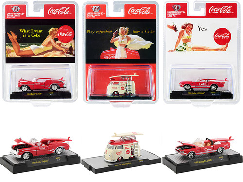 "Coca-Cola Bathing Beauties" Set of 3 Cars with Surfboards Limited Edition to 6980 pieces Worldwide 1/64 Diecast Model Cars by M2 Machines