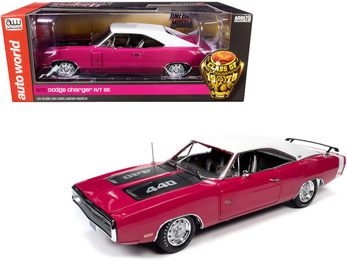 1/18 Auto World 1970 Dodge Charger R/T SE 440 Hardtop (Panther Pink with White Top and Stripe and Black Stripes" Class of 1970 Diecast Car Model