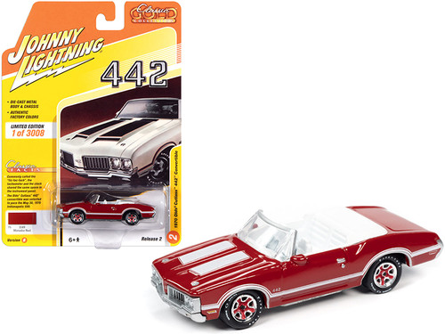 1970 Oldsmobile Cutlass 442 Convertible Matador Red with White Stripes and White Interior "Classic Gold Collection" Limited Edition to 3008 pieces Worldwide 1/64 Diecast Model Car by Johnny Lightning