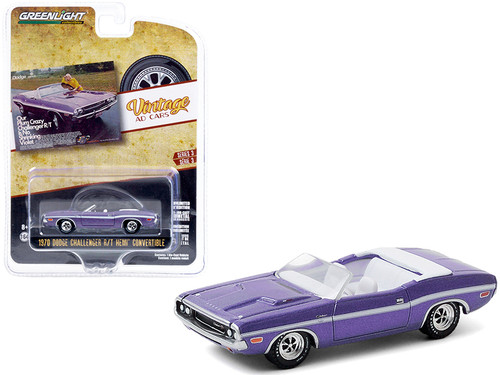 1970 Dodge Challenger R/T HEMI Convertible Plum Crazy with White Stripes "Our Plum Crazy Challenger R/T is No Shrinking Violet" "Vintage Ad Cars" Series 3 1/64 Diecast Model Car by Greenlight