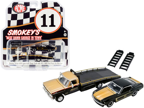 1970 Ford F-350 Ramp Truck and 1969 Ford Trans Am Mustang #11 Black and Gold "Smokey's Yunick" "ACME Exclusive" 1/64 Diecast Model Cars by Greenlight for ACME