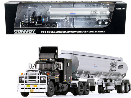 Mack R Model with Sleeper Cab Truck with Fuel Tanker Trailer R.D. Trucking  Inc. Black and Silver Convoy (1978) Movie 45th Anniversary 1/64