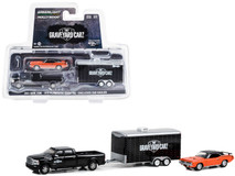 2022 Dodge Ram 2500 Pickup Truck Black and 1970 Plymouth Barracuda 340 Orange with Black Top with Enclosed Trailer "Graveyard Carz" (2012-Current) TV Series "Hollywood Hitch & Tow" Series 12 1/64 Diecast Model Cars by Greenlight