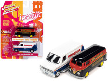 1965 Volkswagen Type 2 Transporter Van Black and Red "Schwinn" and 1976 Ford Econoline Van White and Blue "Mongoose USA Factory Team" "BMX Freestyle" Set of 2 Cars "2-Packs" 2023 Release 2 1/64 Diecast Model Cars by Johnny Lightning