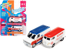 1965 Volkswagen Type 2 Transporter Van White w/ Red Top "Schwinn" & 1976 Ford Econoline Van White with Red & Blue Graphics "Mongoose USA Factory Team" "BMX Freestyle" Set of 2 Cars "2-Packs" 2023 Release 2 1/64 Diecast Model Cars by Johnny Lightning