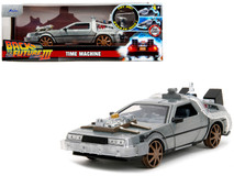 DeLorean Brushed Metal Time Machine (Train Wheel Version) with Lights "Back to the Future Part III" (1990) Movie "Hollywood Rides" Series 1/24 Diecast Model Car by Jada