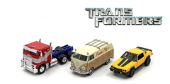 1/32 Jada 3-Car Set Transformers Optimus Prime, 1977 Chevy Camaro Bumblebee, 1961 VW Bus Wheeljack Car Models