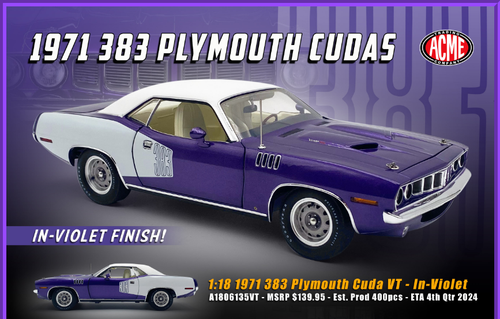 1/18 ACME 1971 Plymouth 383 Cuda Vinyl Top (Purple Blue) Diecast