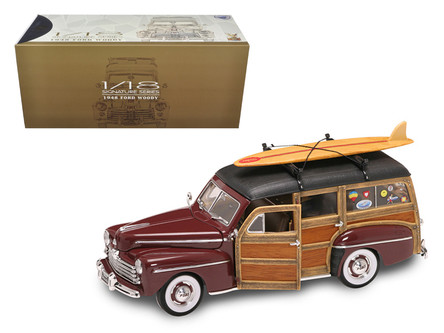 1948 Ford Woody With Wood And Surfboard Burgundy 1/18 Diecast