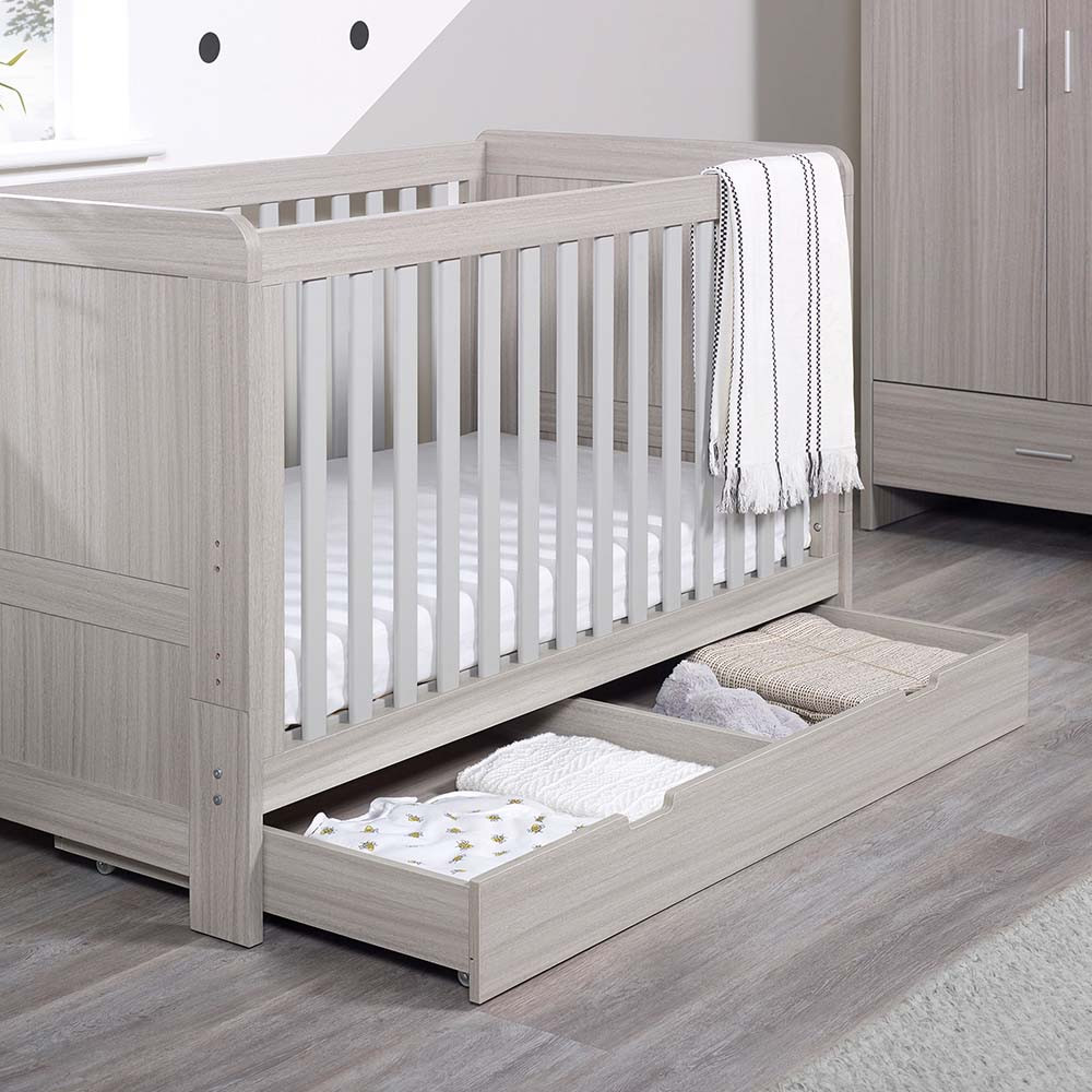 Ickle Bubba Pembrey Cot Bed, Under Drawer Changing Unit Ash