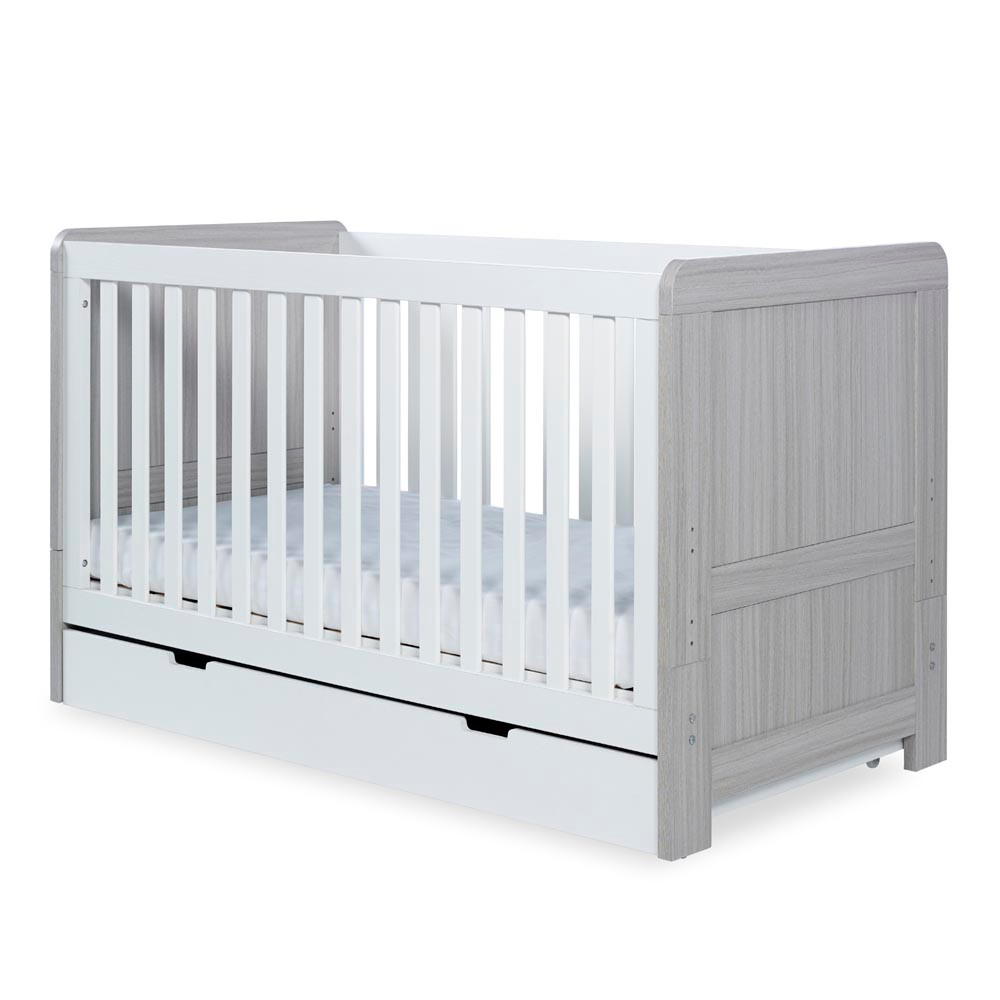 Ickle Bubba Pembrey Cot Bed, Under Drawer & Changing Unit Ash Grey & White