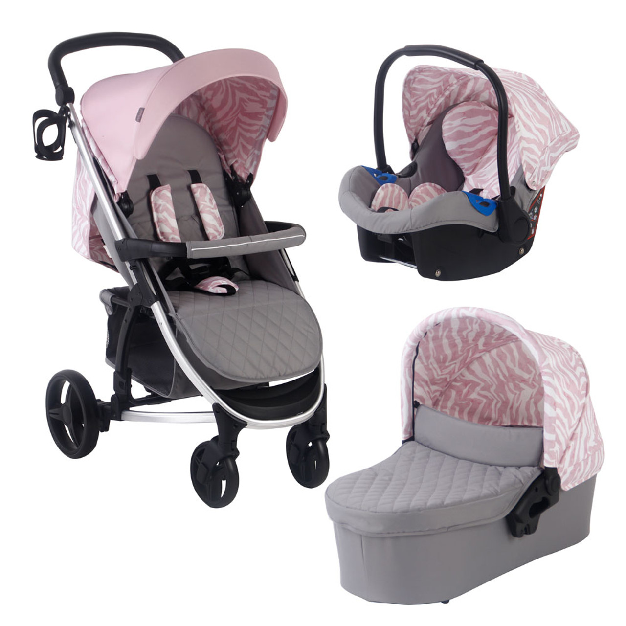 pink and gray stroller and carseat