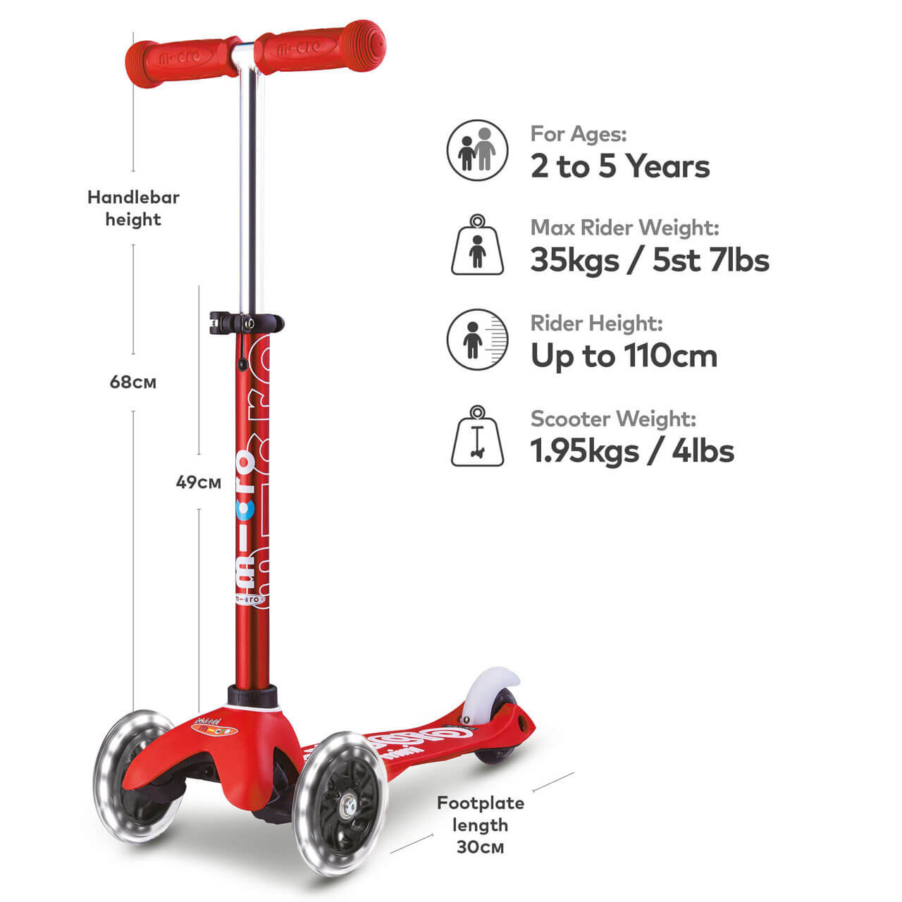 Micro Mini Deluxe LED Scooter + FREE Bell - Red | Winstanleys Pramworld