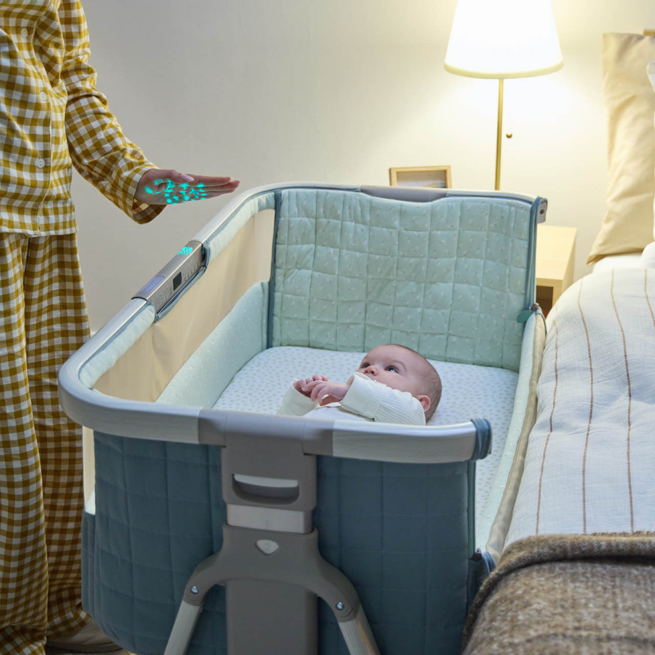 Tutti Bambini Cozee Sense Bedside Crib - Whitewash / Kelp