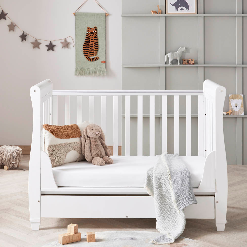 Babymore Eva Sleigh Drop Side Cot Bed White Winstanleys Pramworld