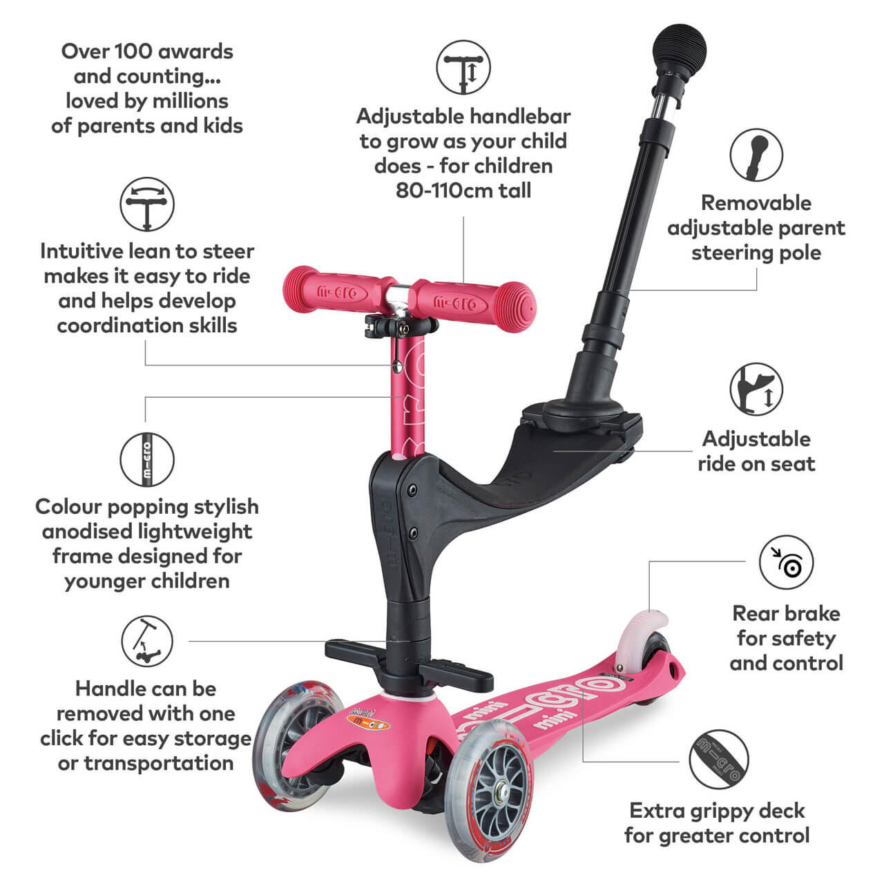 Kit Accessori 3 In 1 Per Mini Micro Scooter – Sedile, Barra Di Spinta E Poggiapiedi, Compatibile Con Mini Micro Deluxe, Carico Max 20 Kg