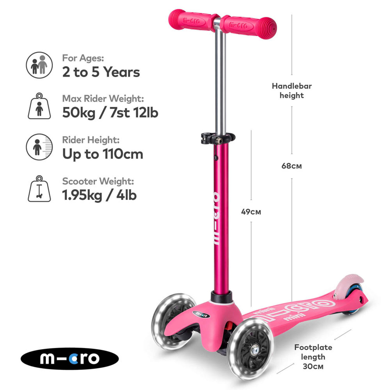 Micro Mini Deluxe LED Scooter Plus FREE Bell - Pink